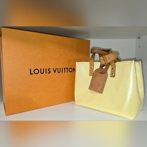 Authentic Louis Vuitton Vernis Yellow Reade PM Hand Bag with LV luggage tag